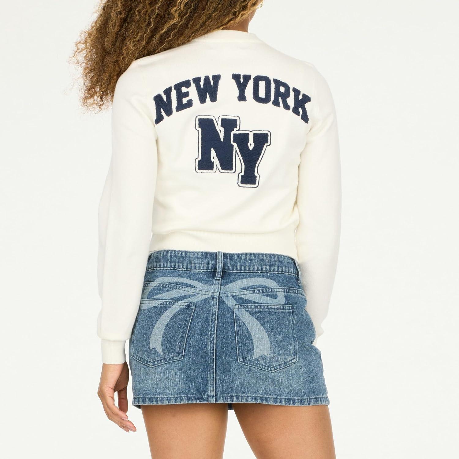 imageForever 21 Womens Long Sleeve Knit Sweater with New York Back GraphicIvory