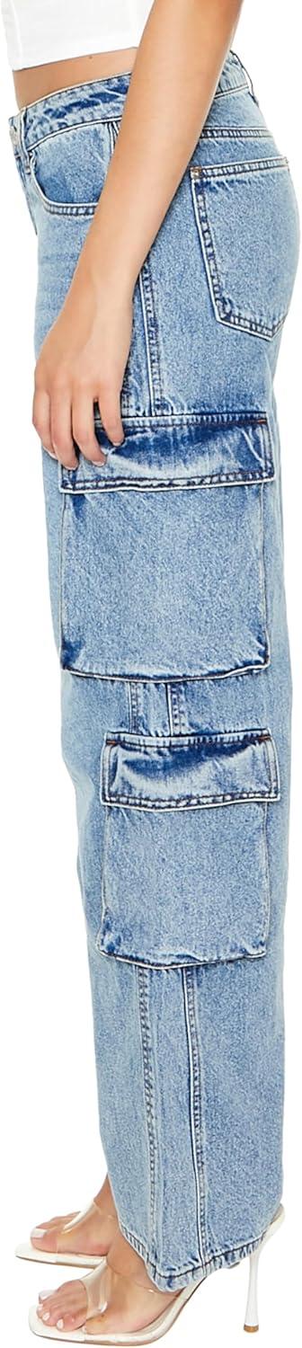 imageForever 21 Womens LowRise WideLeg Cargo JeansMedium Denim