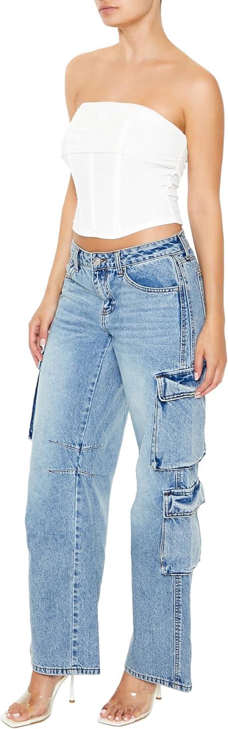 imageForever 21 Womens LowRise WideLeg Cargo JeansMedium Denim