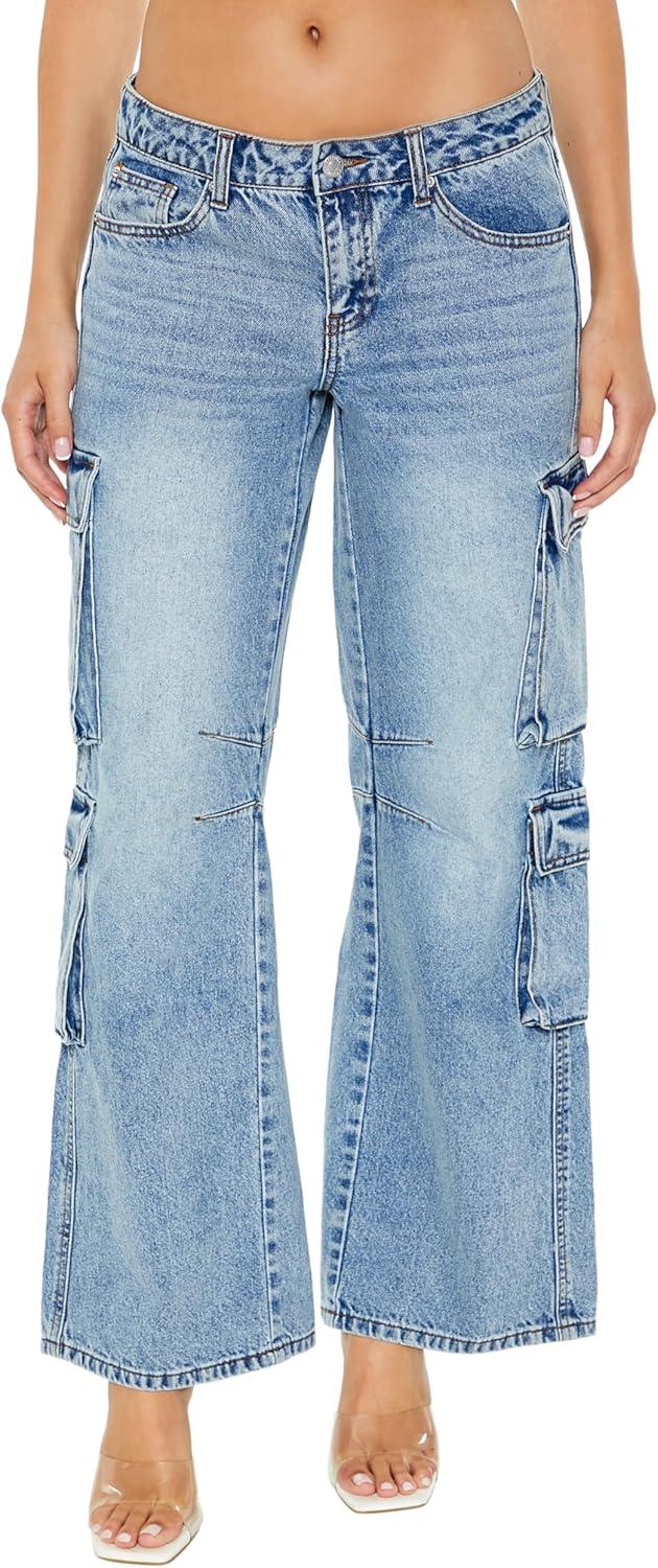 imageForever 21 Womens LowRise WideLeg Cargo JeansMedium Denim