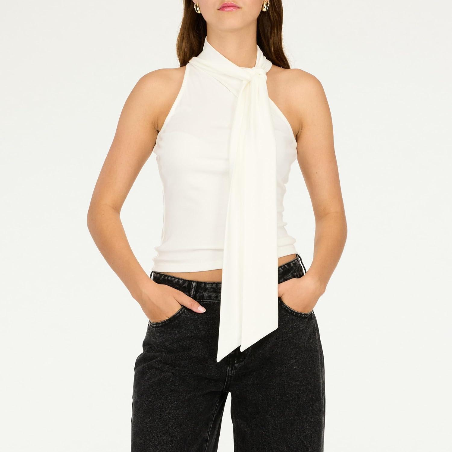 imageForever 21 Womens Neck Tie Sleeveless TopGardenia