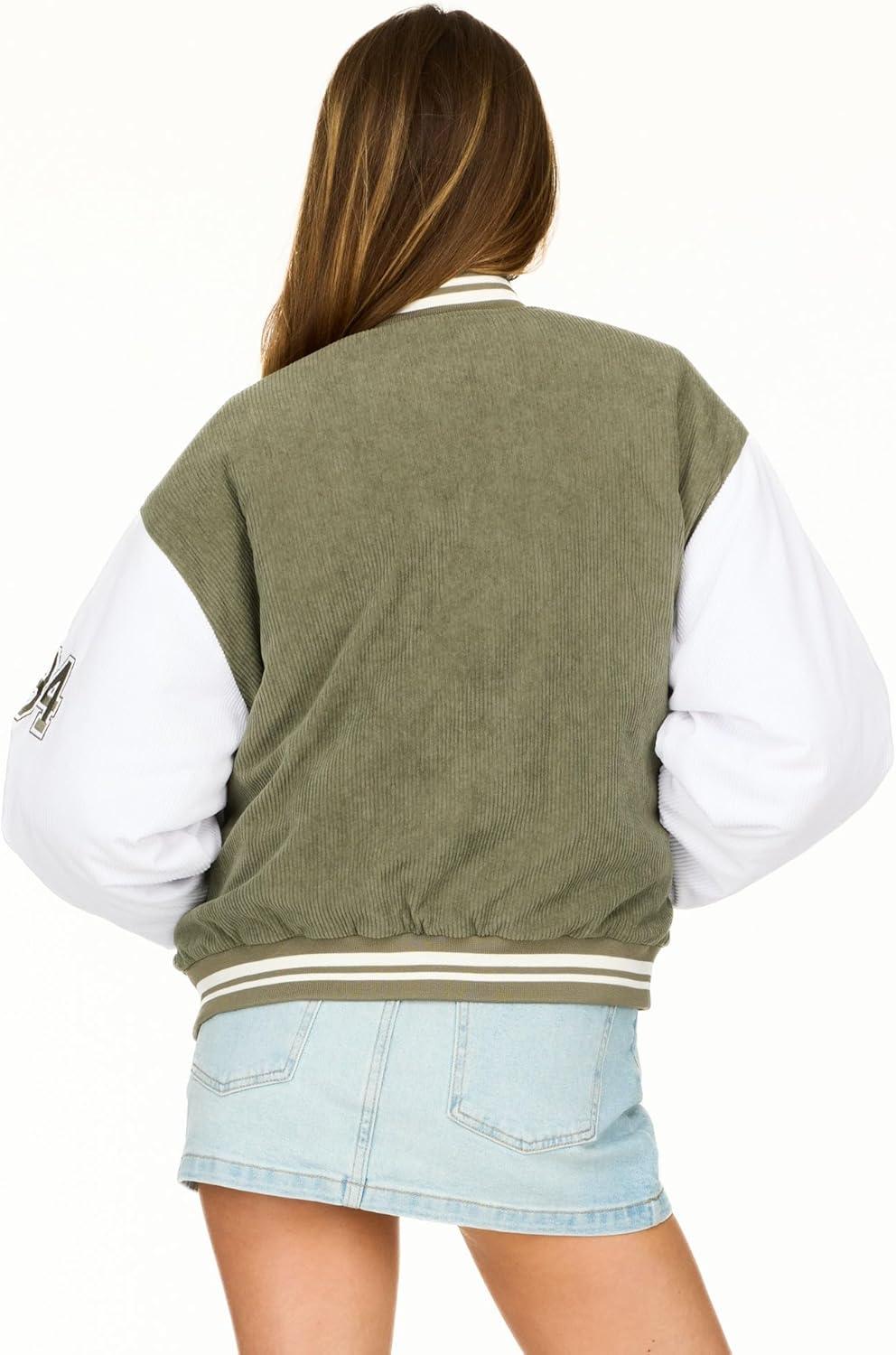 imageForever 21 Womens Oversized Corduroy Bomber Jacket  Snap Button Varsity Coat with Front and Back Patches Ribbed Trim Contrast Sleeves Streetwear Style