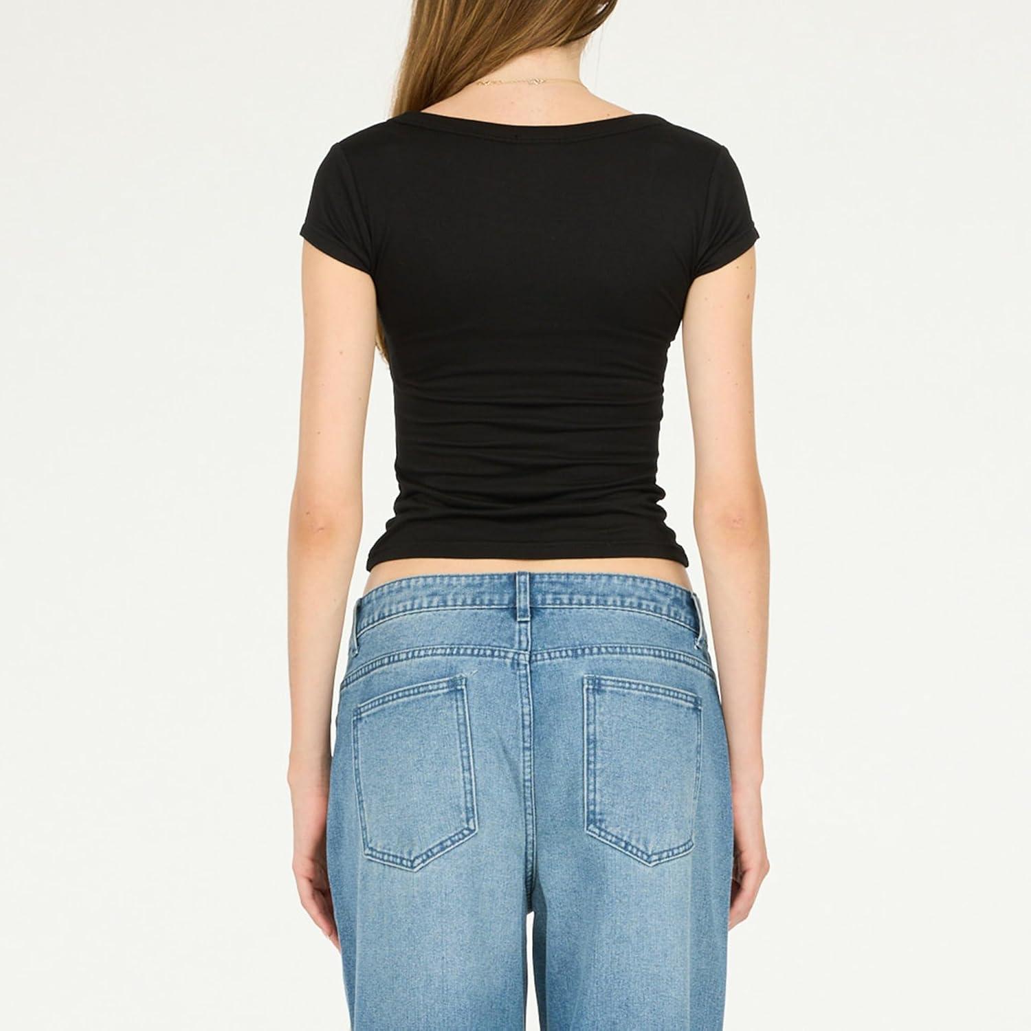 imageForever 21 Womens Short Sleeve Scoop Neck Fitted TopBlack