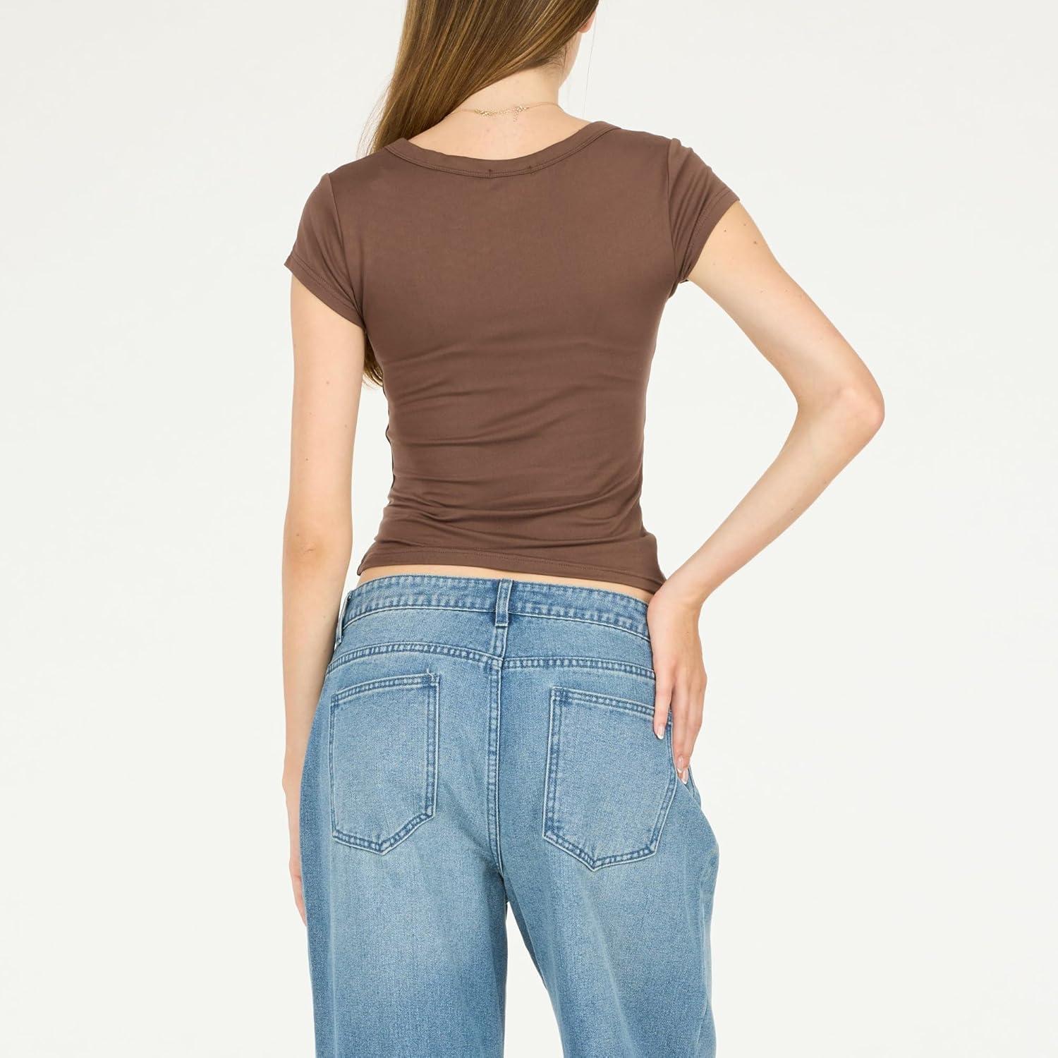 imageForever 21 Womens Short Sleeve Scoop Neck Fitted TopBrown