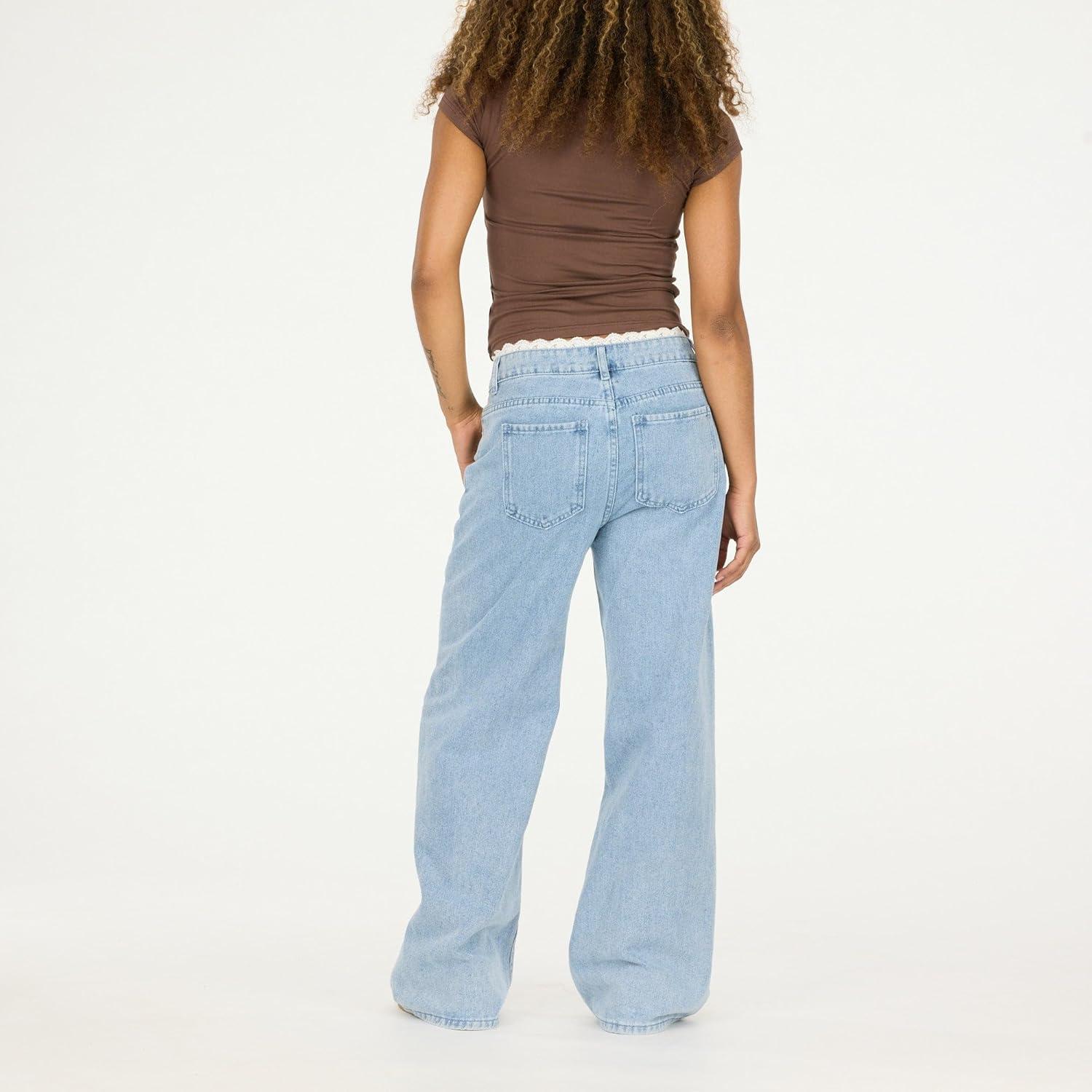 imageForever 21 Womens WideLeg JeansLight Wash Denim with Lace Trim WaistbandBlue