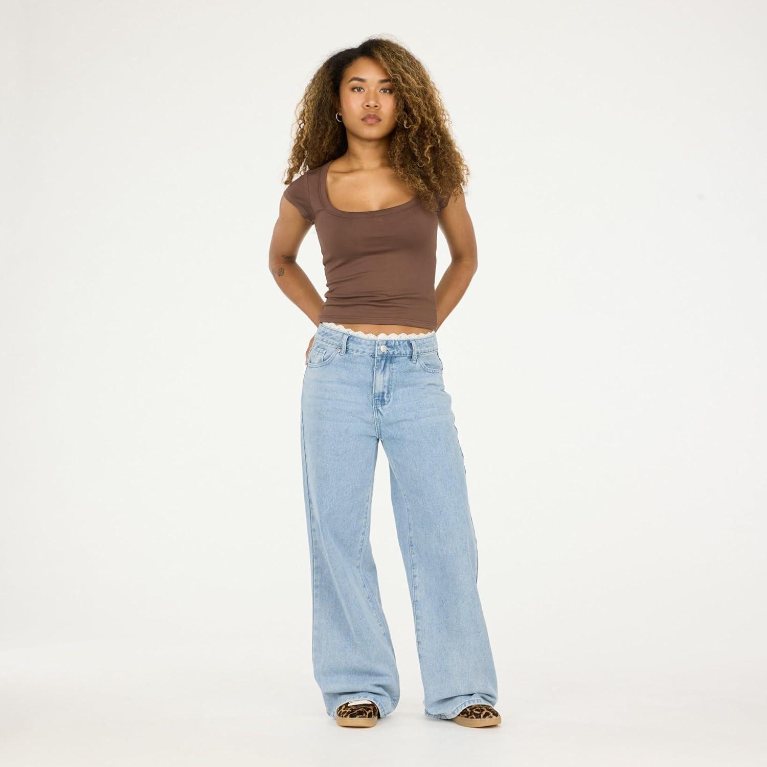 imageForever 21 Womens WideLeg JeansLight Wash Denim with Lace Trim WaistbandBlue