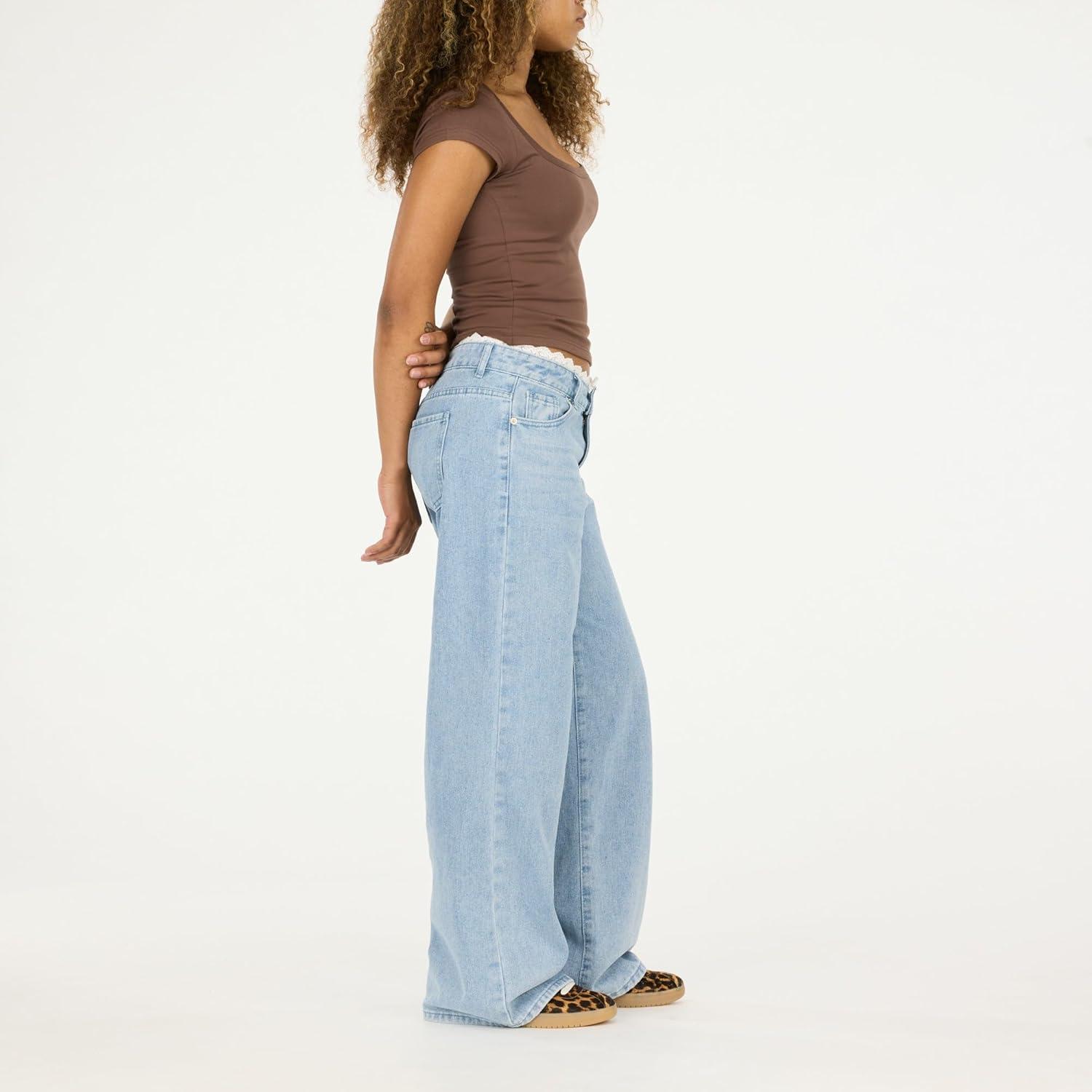 imageForever 21 Womens WideLeg JeansLight Wash Denim with Lace Trim WaistbandBlue