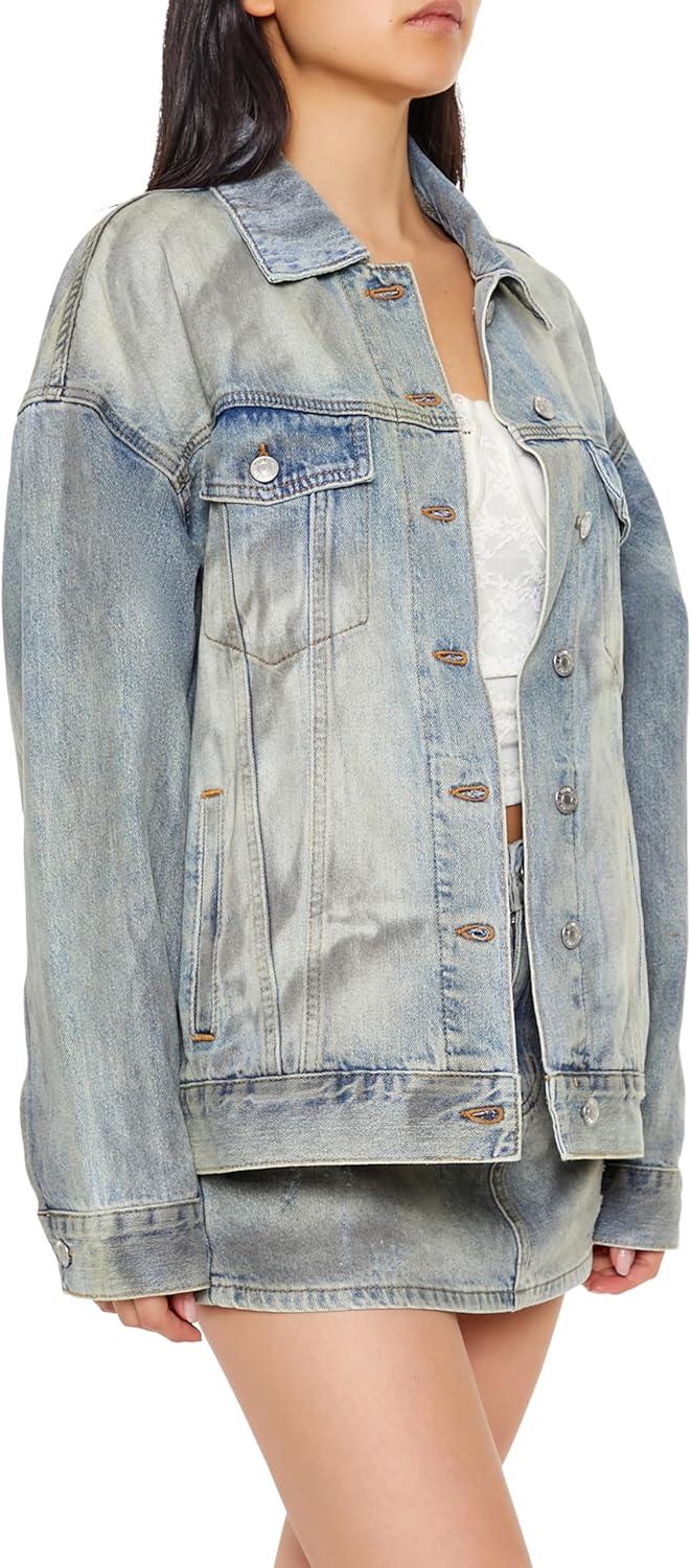 imageForever 21 womens Mineral Wash Denim Trucker JacketDenimMulti