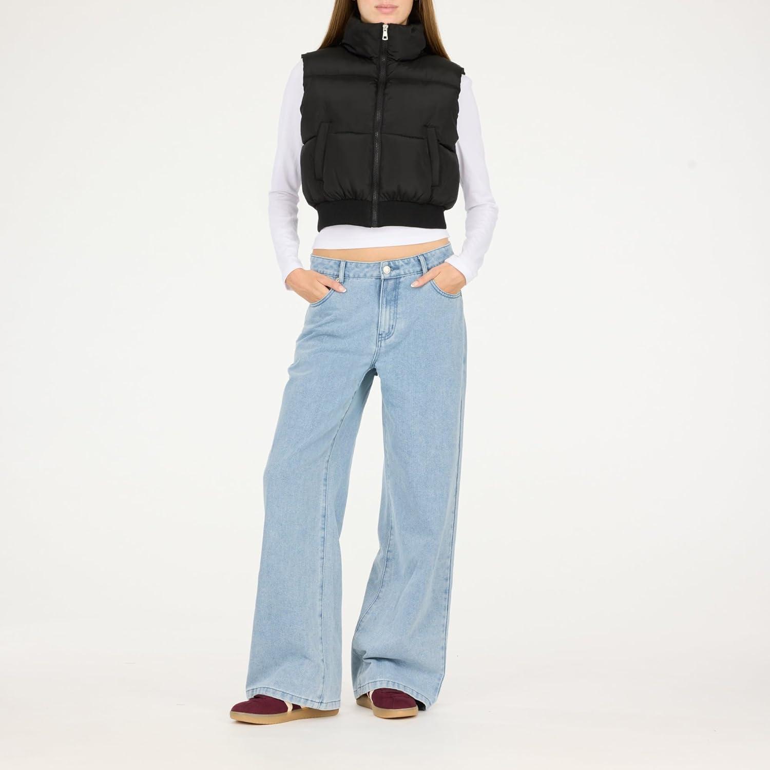 imageForever 21 womens Puffer Vest Cropped Quilted Zipup OuterwearBlack