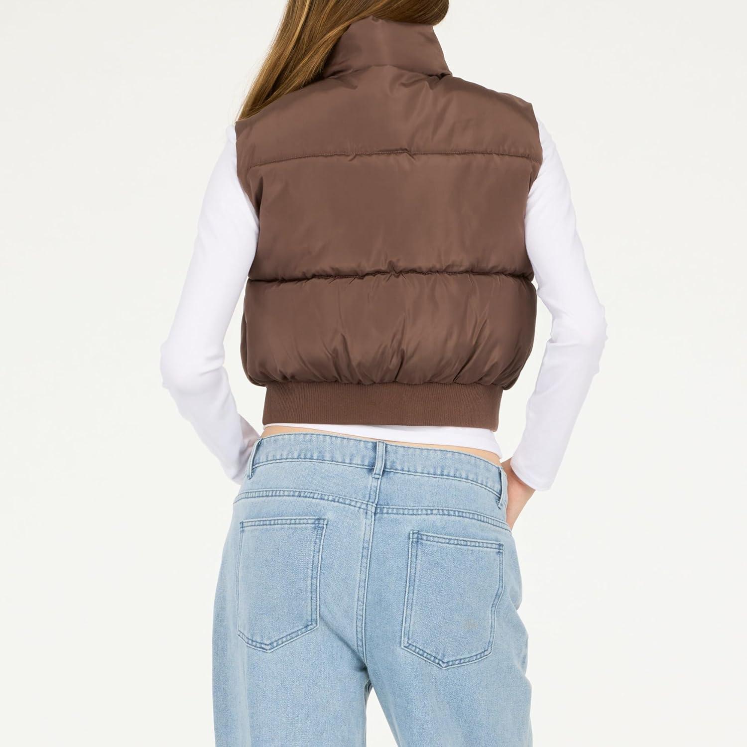 imageForever 21 womens Puffer Vest Cropped Quilted Zipup OuterwearBrown