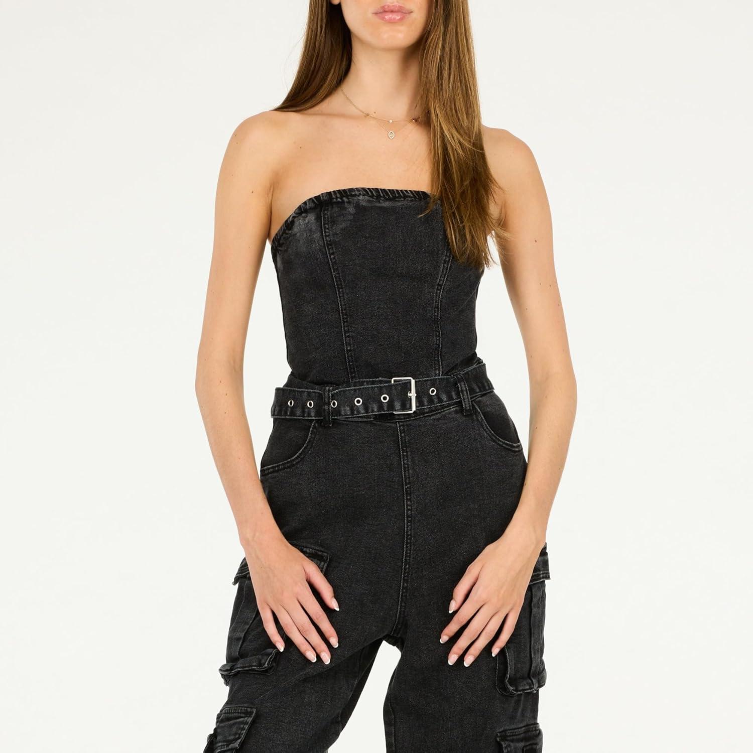 imageForever 21 womens Strapless Cargo Denim Jumpsuit With BeltBlack