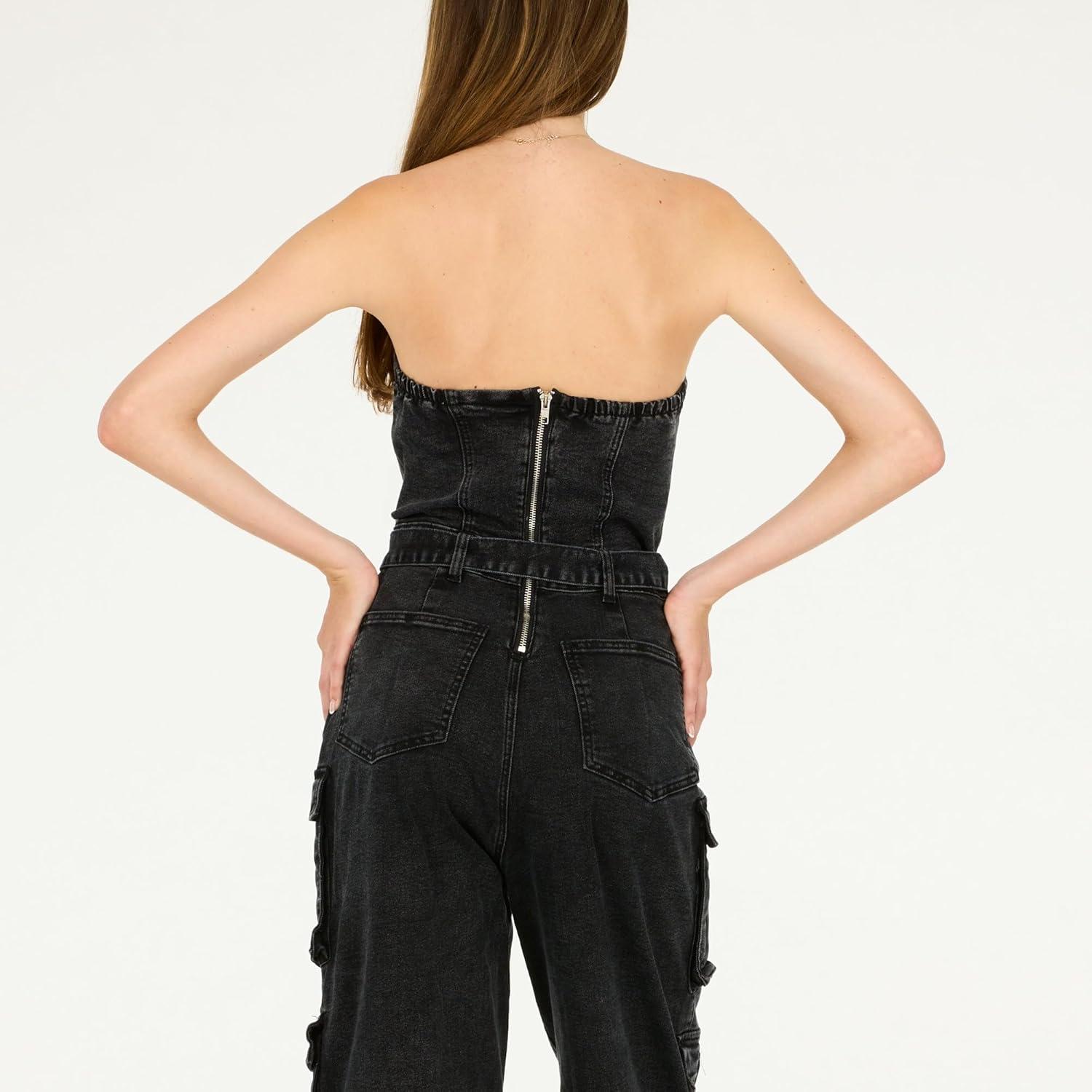 imageForever 21 womens Strapless Cargo Denim Jumpsuit With BeltBlack