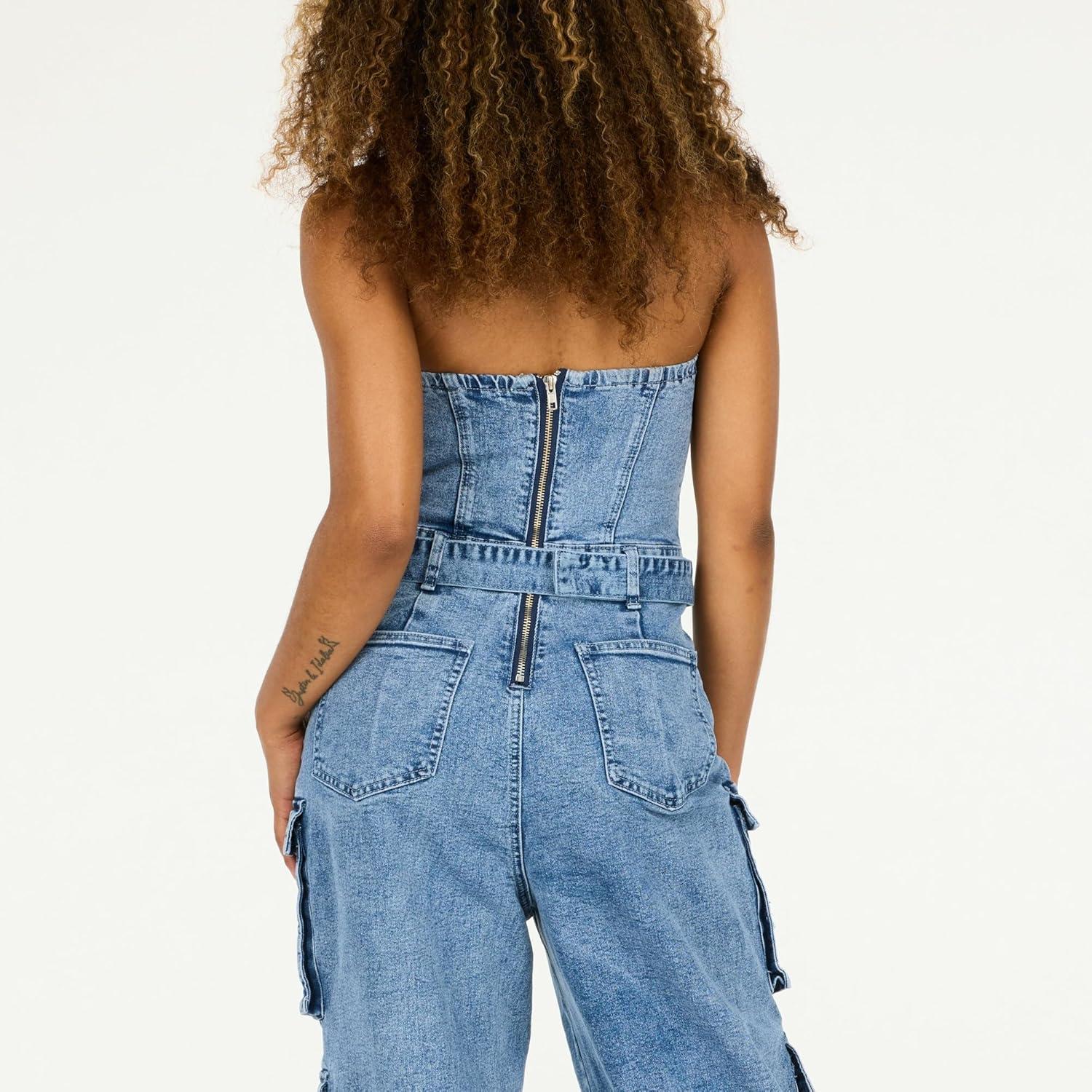 imageForever 21 womens Strapless Cargo Denim Jumpsuit With BeltBlue