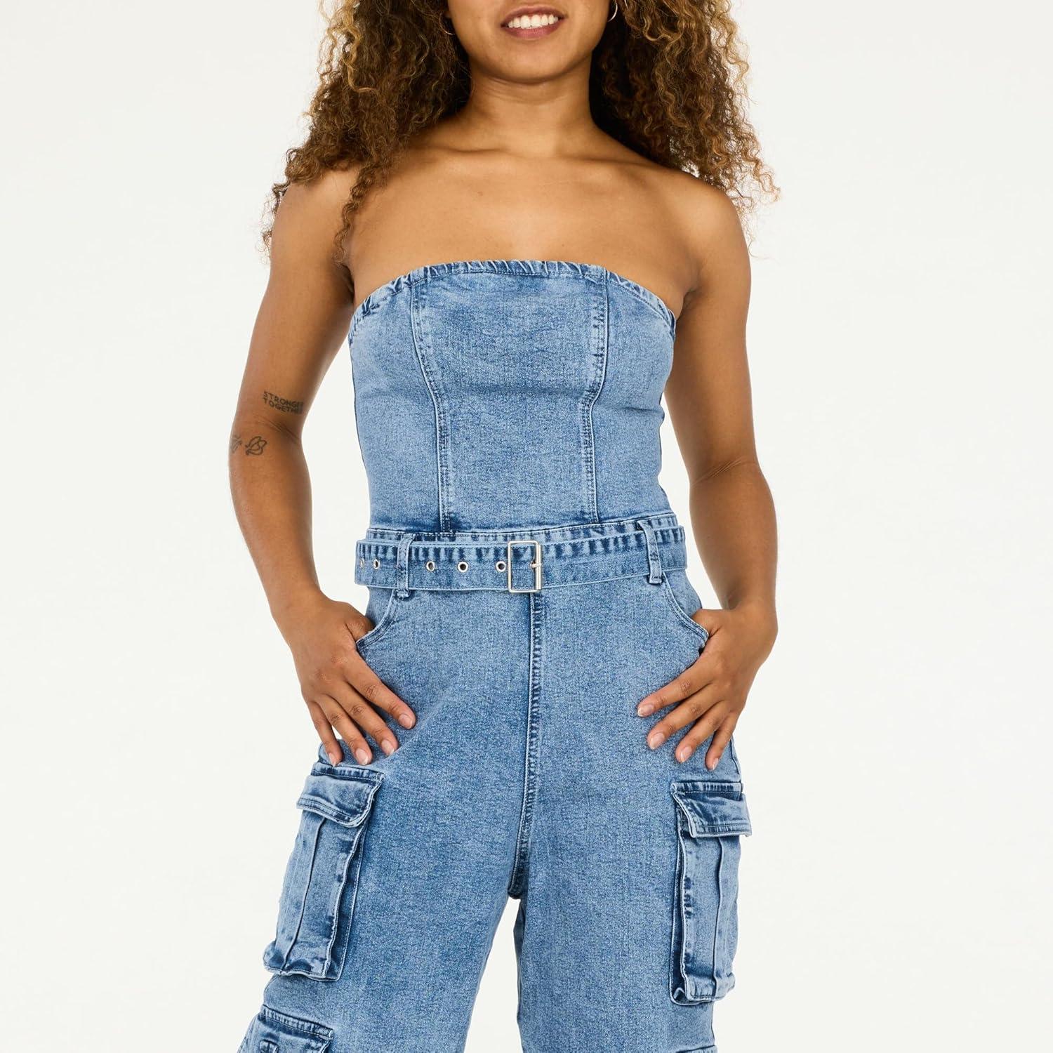 imageForever 21 womens Strapless Cargo Denim Jumpsuit With BeltBlue