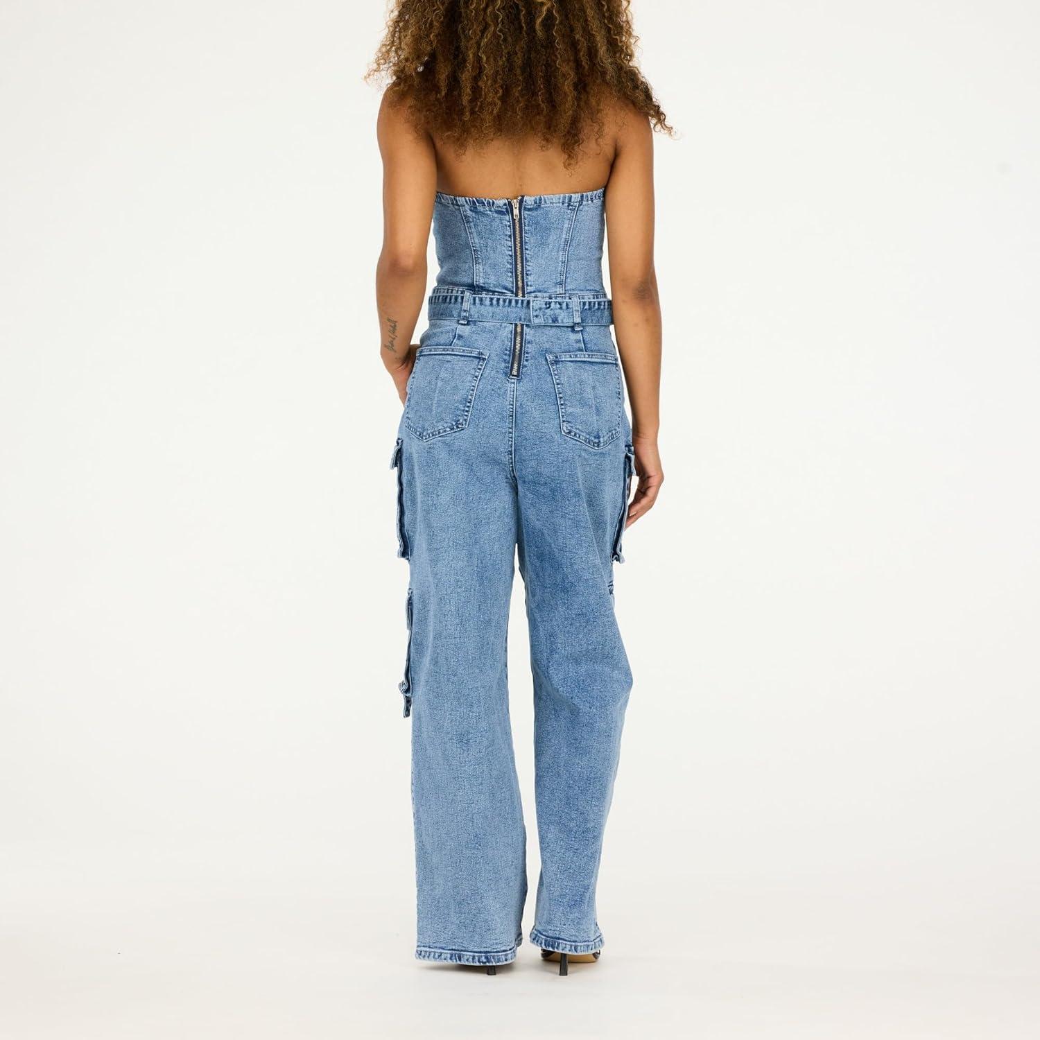 imageForever 21 womens Strapless Cargo Denim Jumpsuit With BeltBlue