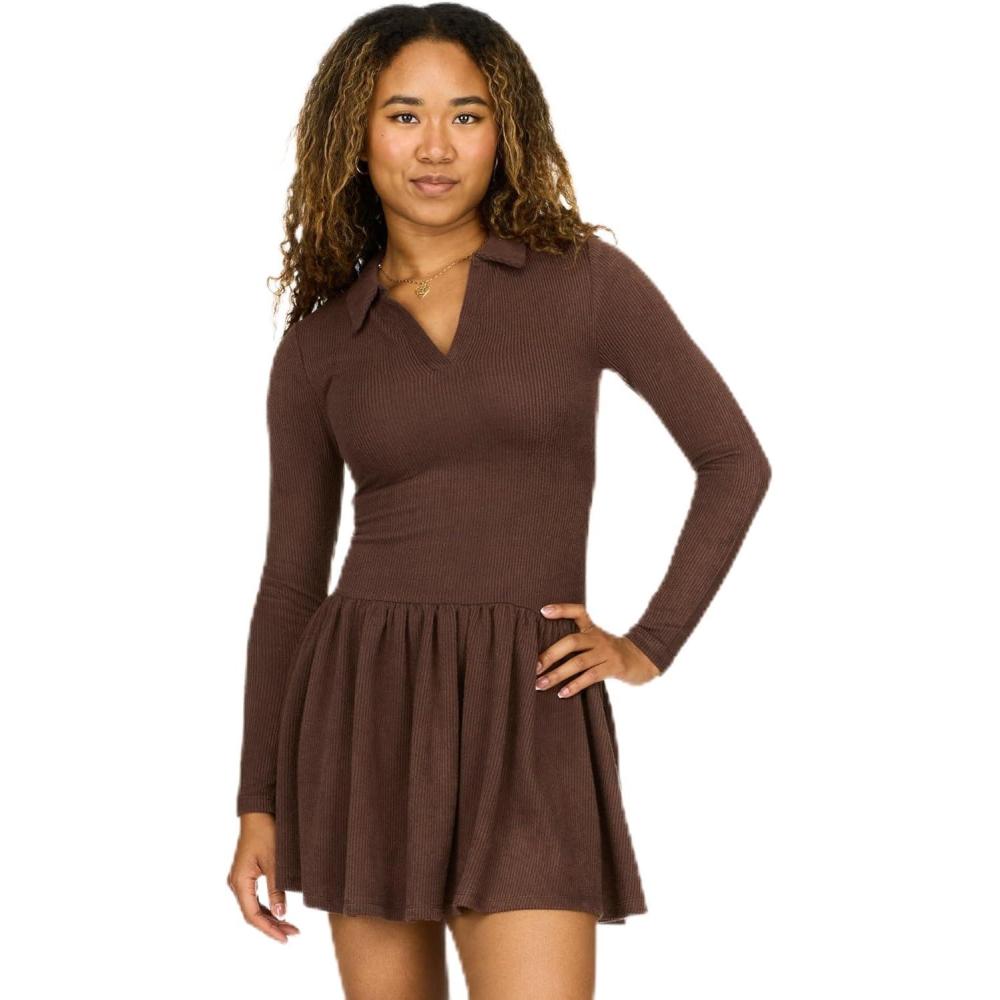 imageForever 21 Womens Hacci Rib Long Sleeve Drop Waist Dress WPolo CollarBrown