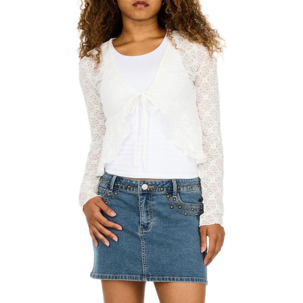 imageForever 21 Womens Lace Tie Front Shrug Cropped CoverupIvory