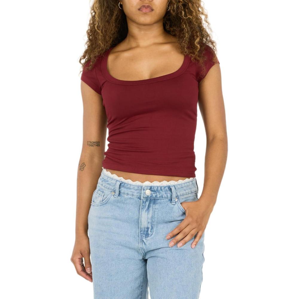 imageForever 21 Womens Short Sleeve Scoop Neck Fitted TopBurgundy