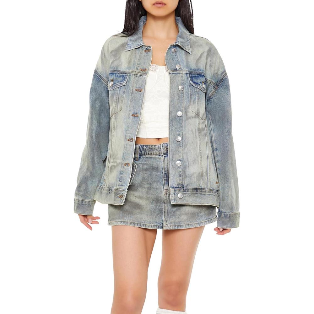 imageForever 21 womens Mineral Wash Denim Trucker JacketDenimMulti