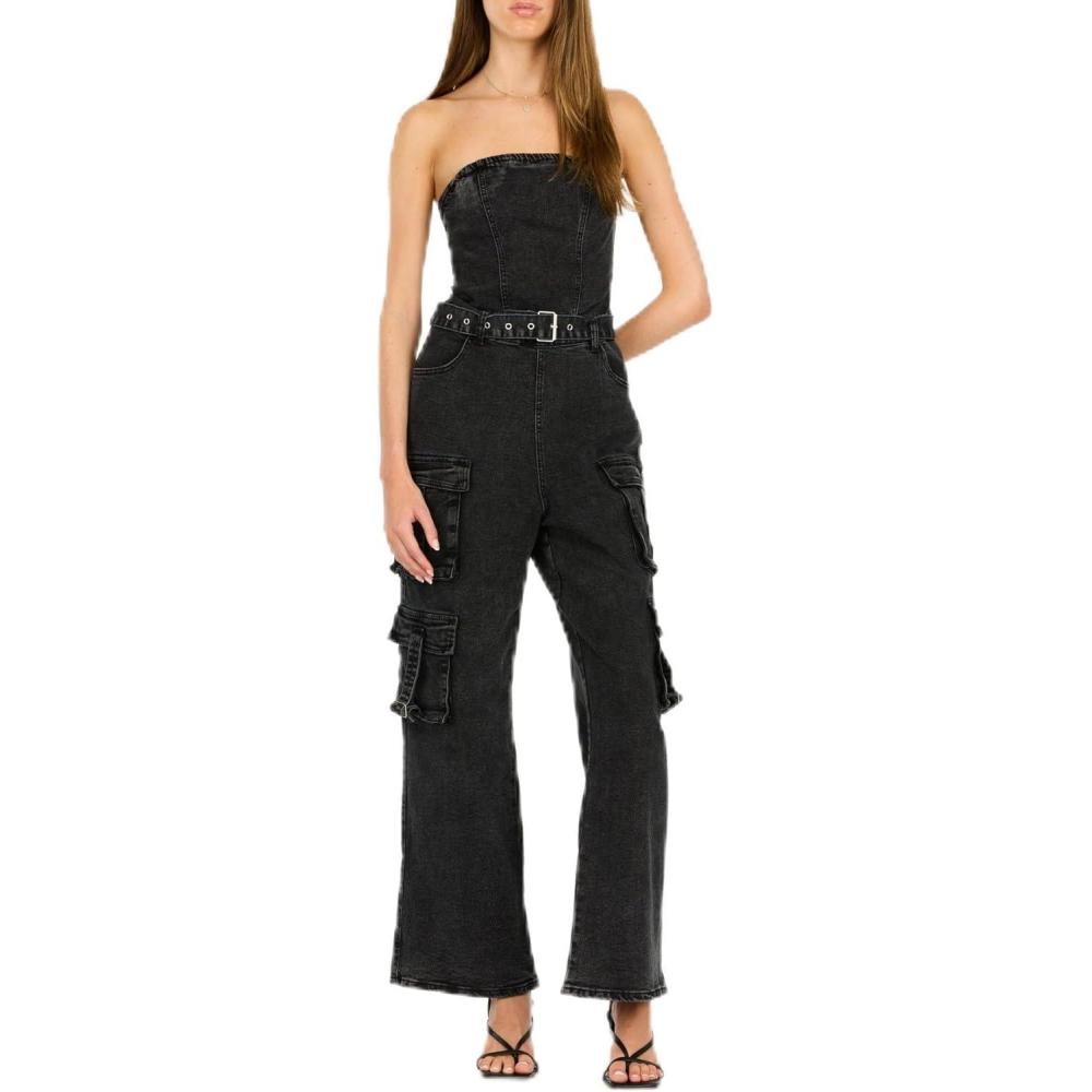 imageForever 21 womens Strapless Cargo Denim Jumpsuit With BeltBlack
