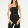 Forever 21 womens Strapless Cargo Denim Jumpsuit With Belt(Black)