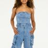 Forever 21 womens Strapless Cargo Denim Jumpsuit With Belt(Blue)