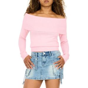 Forever 21 Womens Fold Over Off The Shoulder Sweater(Pink)