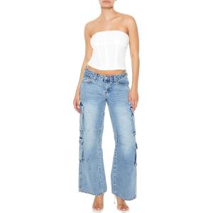 Forever 21 Women’s Low-Rise Wide-Leg Cargo Jeans(Medium Denim)