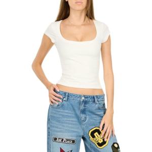 Forever 21 Womens Short Sleeve Scoop Neck Fitted Top(Ivory)