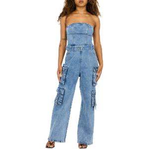 Forever 21 womens Strapless Cargo Denim Jumpsuit With Belt(Blue)