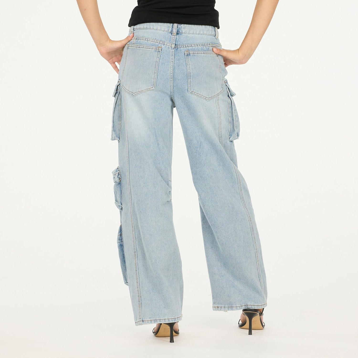 imageForever 21 Womens Cargo JeansWideLeg Denim with Oversized Utility PocketsBlue
