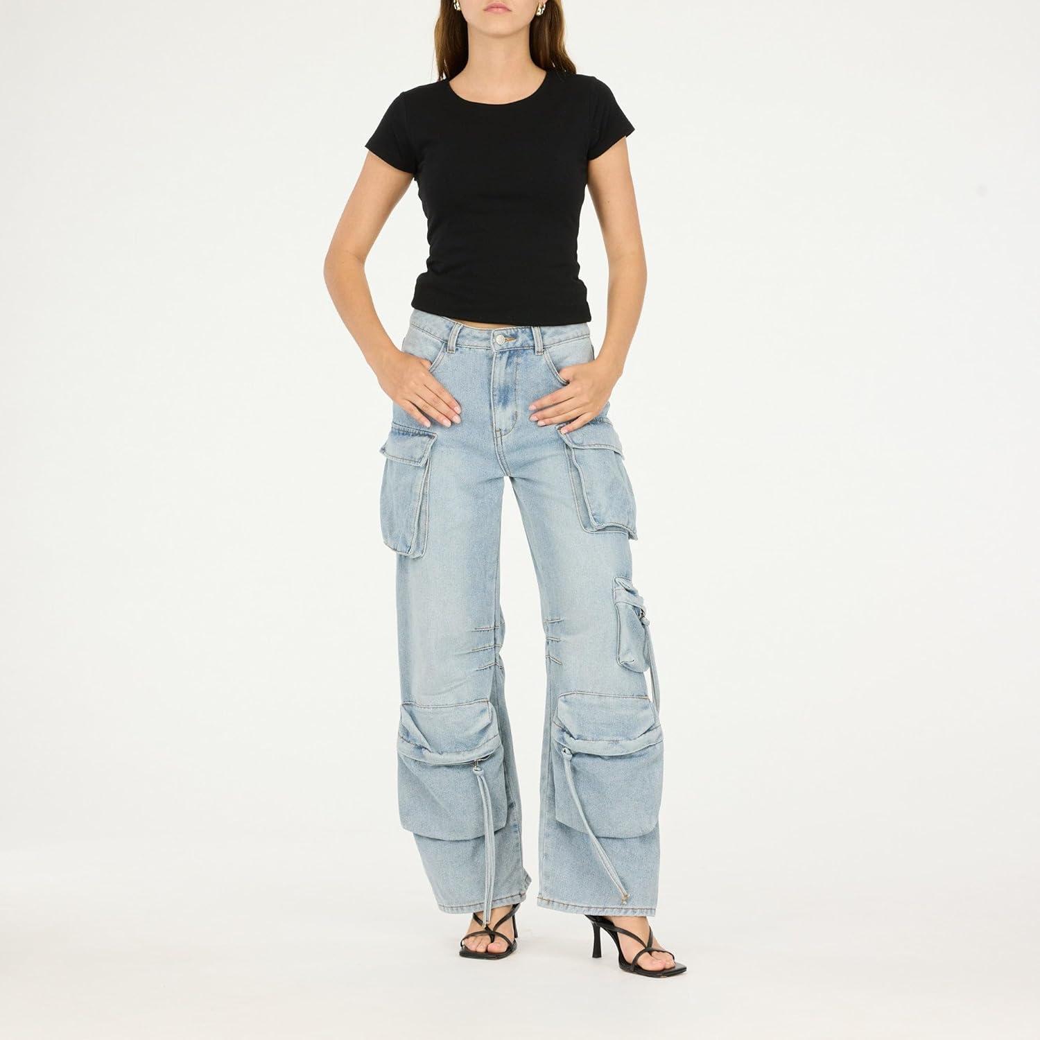 imageForever 21 Womens Cargo JeansWideLeg Denim with Oversized Utility PocketsBlue