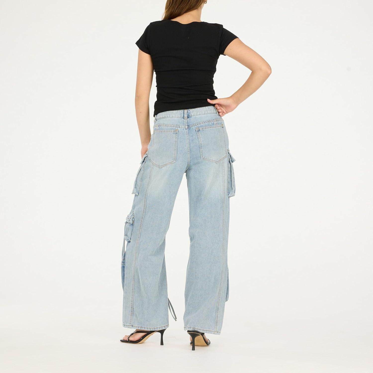 imageForever 21 Womens Cargo JeansWideLeg Denim with Oversized Utility PocketsBlue