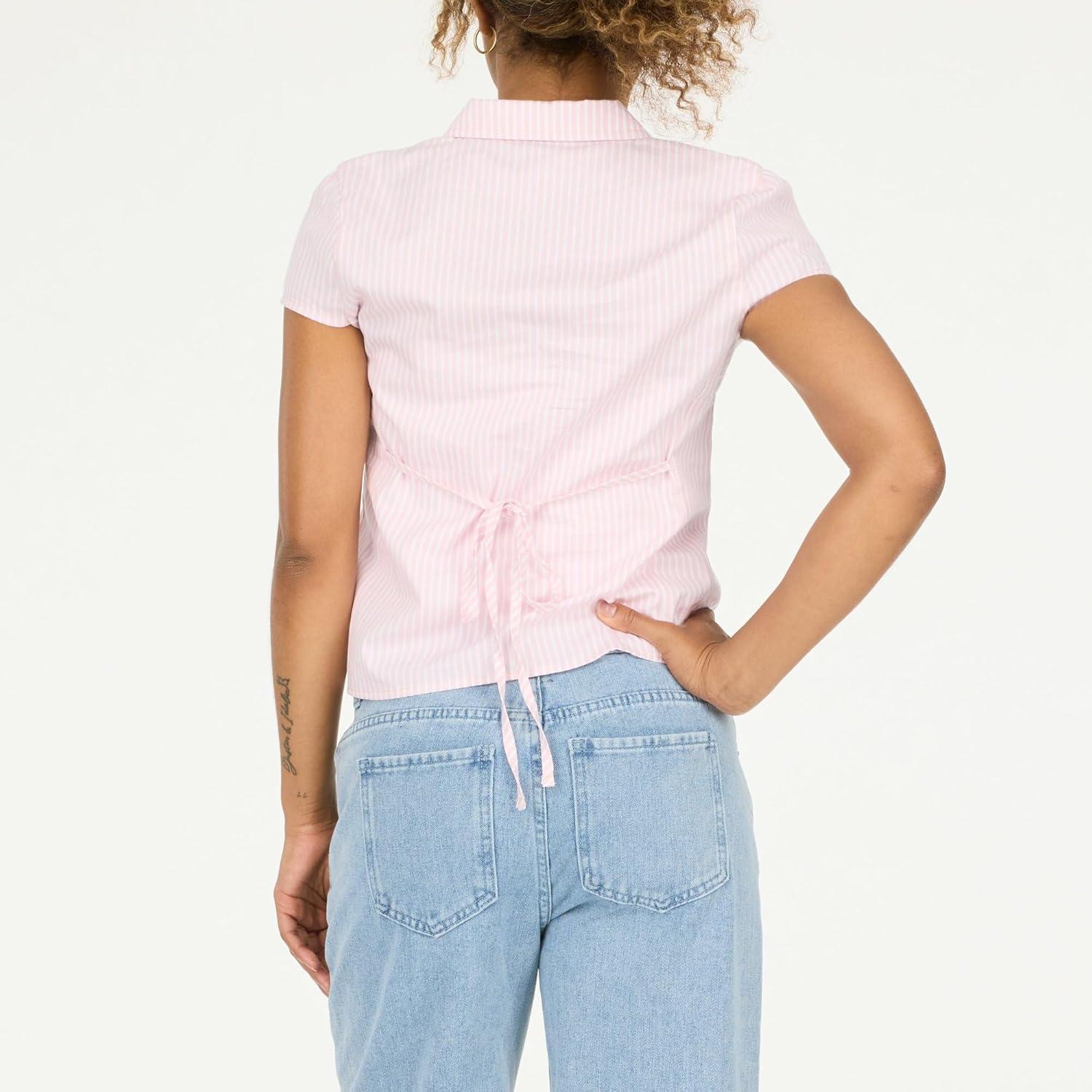 imageForever 21 Womens Poplin Button Down Collard Shirt with Self Tie BackPink