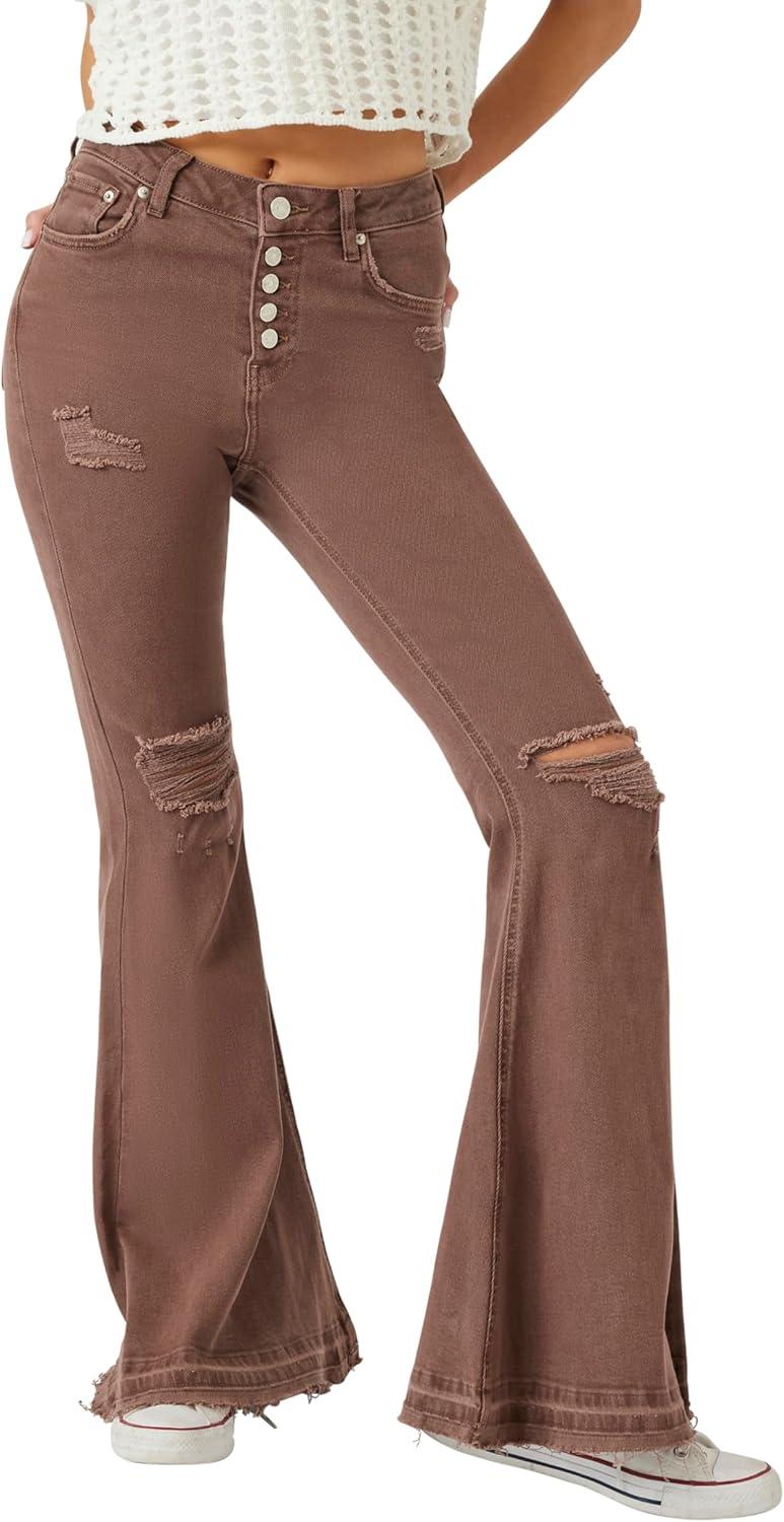 imageForever 21 Womens Recycled Cotton Distressed Flare JeansBrown