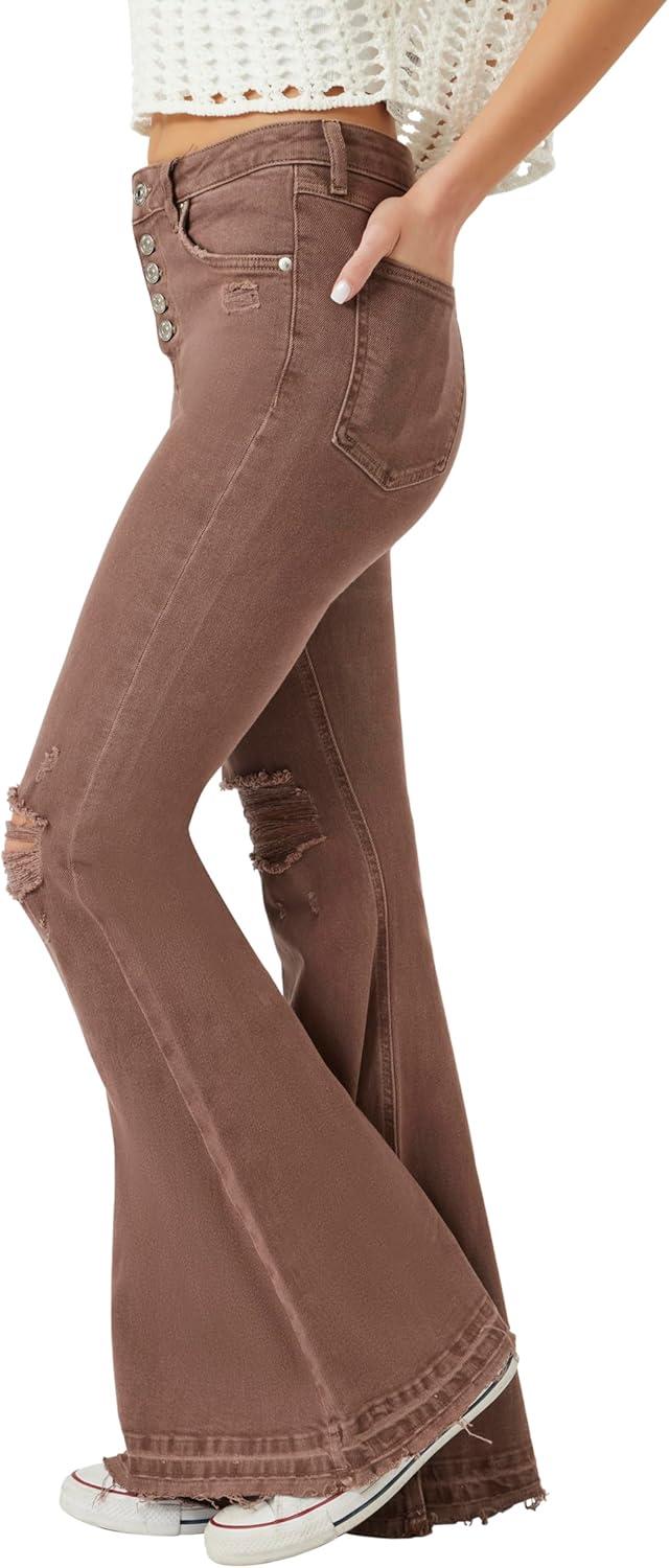 imageForever 21 Womens Recycled Cotton Distressed Flare JeansBrown