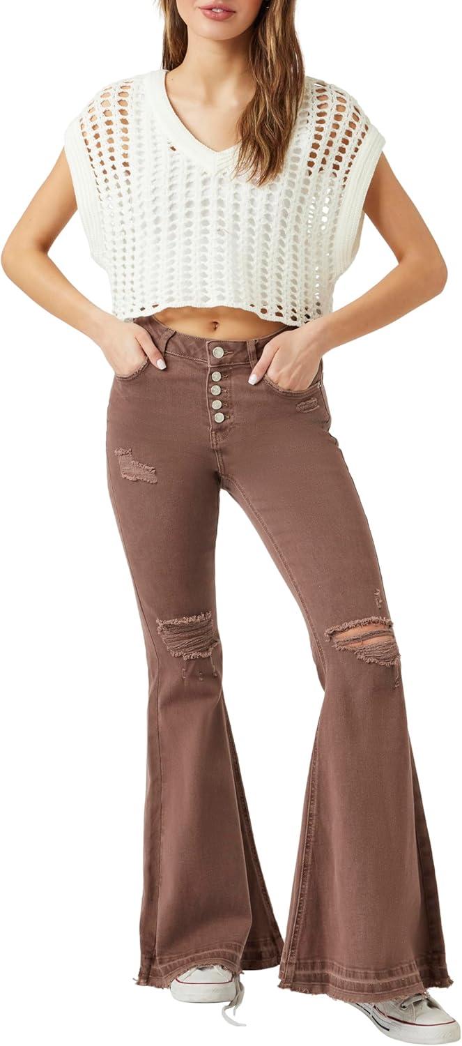 imageForever 21 Womens Recycled Cotton Distressed Flare JeansBrown