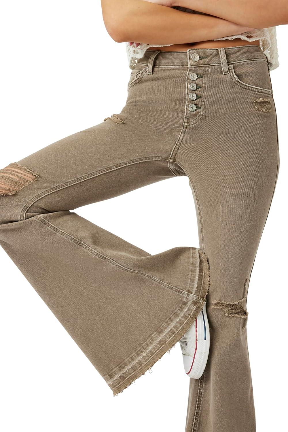 imageForever 21 Womens Recycled Cotton Distressed Flare JeansOlive