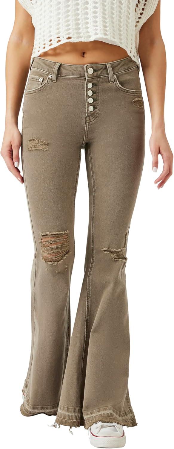 imageForever 21 Womens Recycled Cotton Distressed Flare JeansOlive