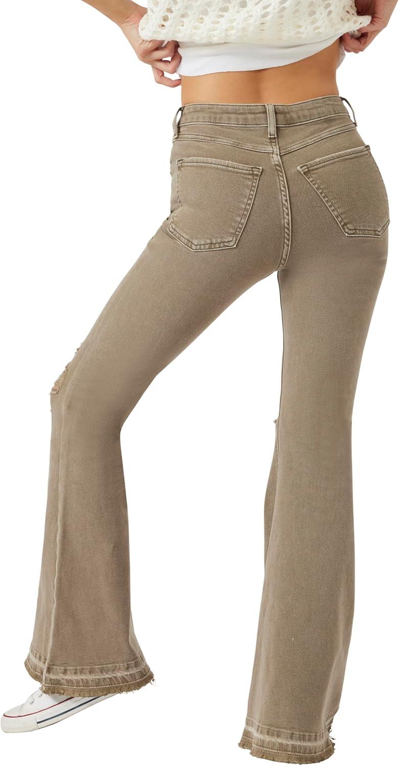 imageForever 21 Womens Recycled Cotton Distressed Flare JeansOlive