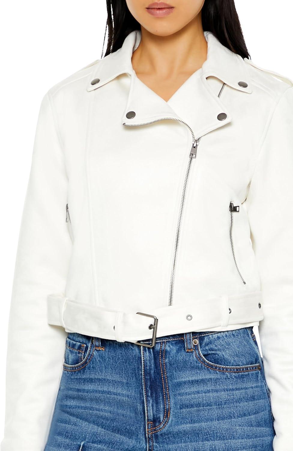 imageForever 21 womens Faux Suede Cropped Moto JacketEgret