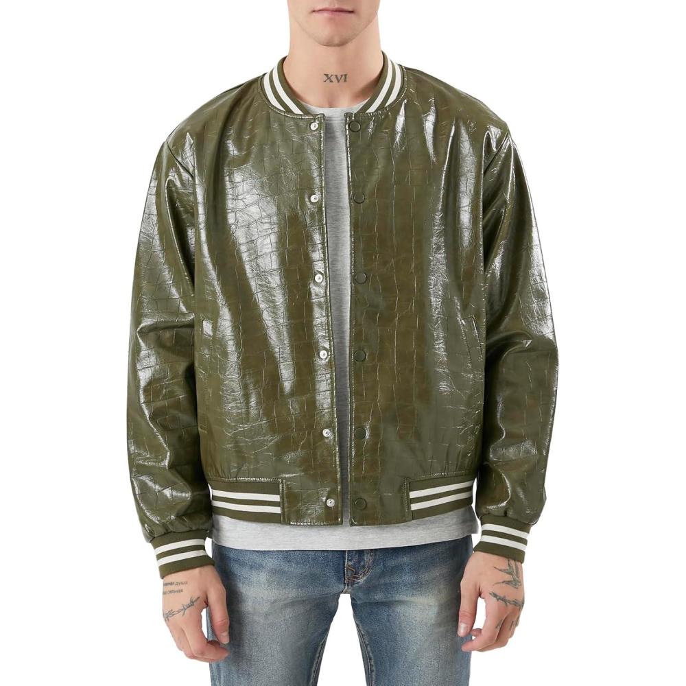 imageForever 21 Mens Faux Croc Varsity Bomber JacketOlive