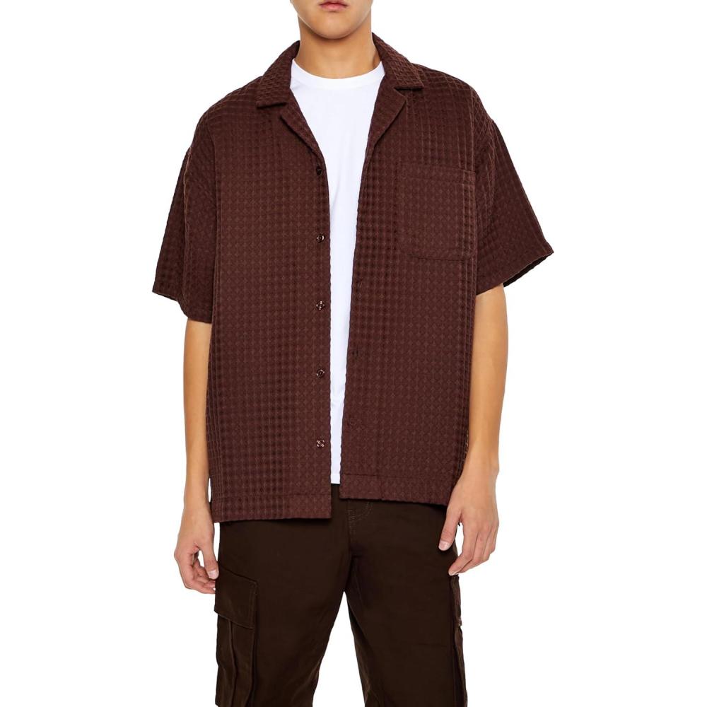 imageForever 21 Mens Waffle Knit Cuban Collar ShirtBrown