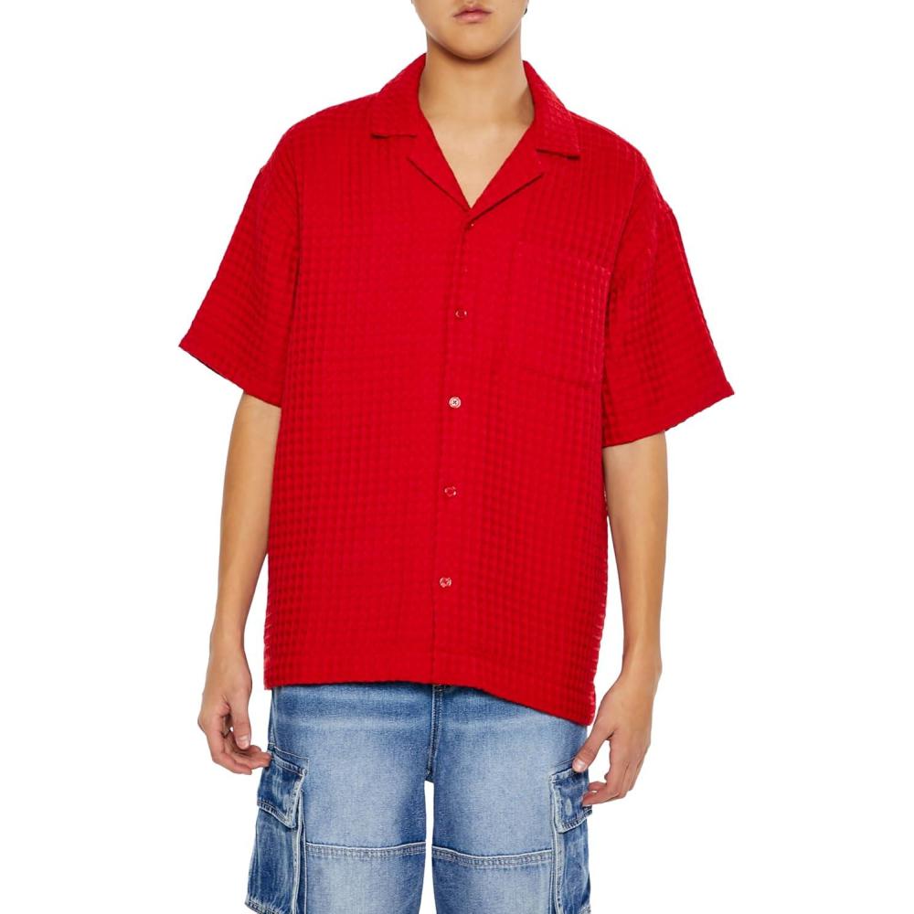 imageForever 21 Mens Waffle Knit Cuban Collar ShirtRed
