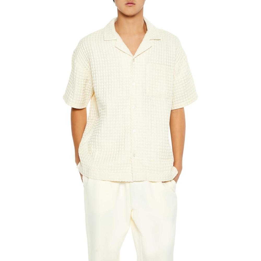 imageForever 21 Mens Waffle Knit Cuban Collar ShirtWhite