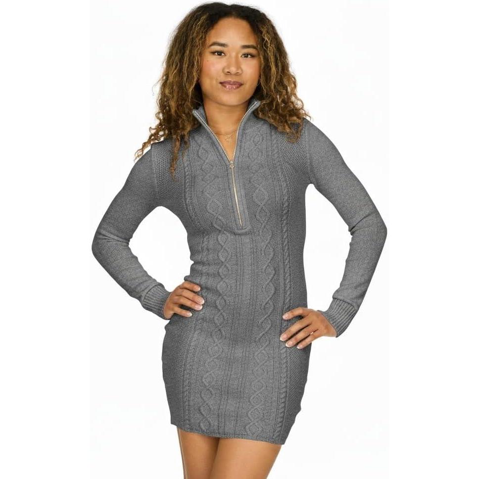 imageForever 21 Womens 14 Zip Sweater Dress with Collar and Sleeve Cuffs  Cable KnitDark Grey