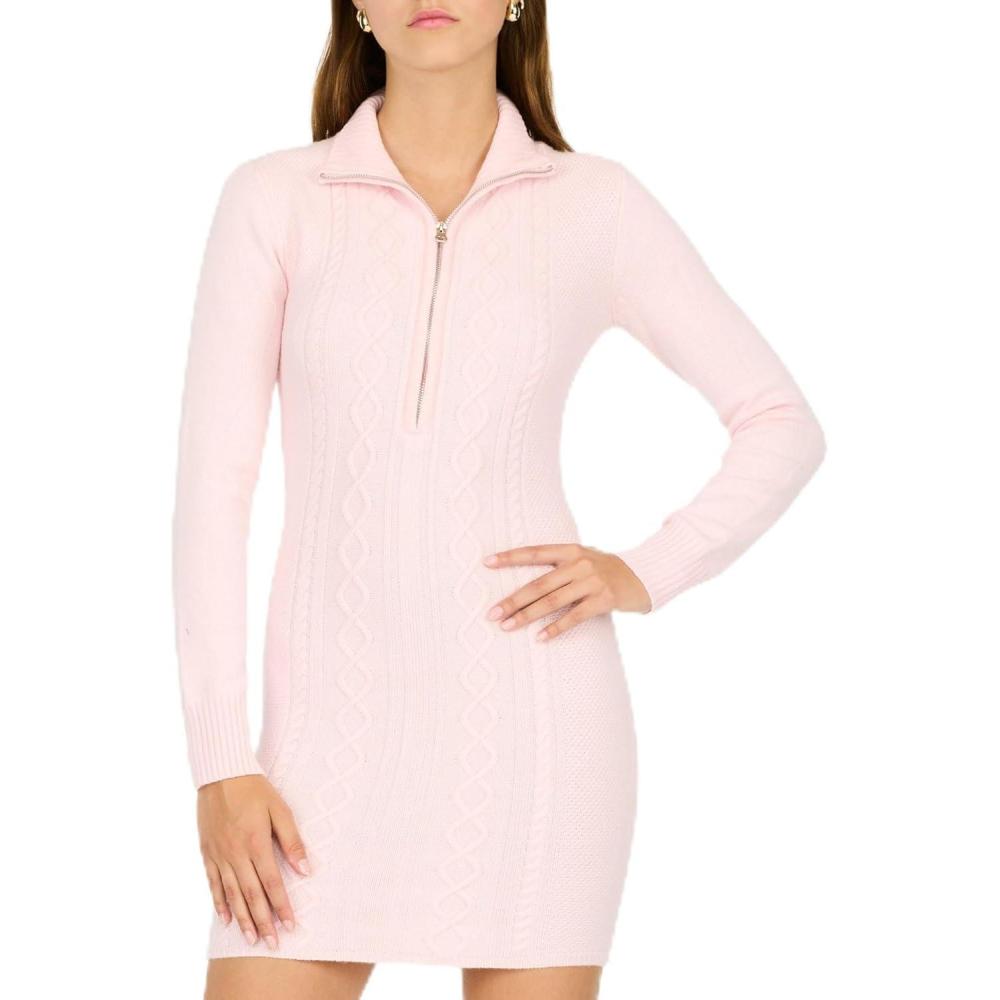 imageForever 21 Womens 14 Zip Sweater Dress with Collar and Sleeve Cuffs Cable KnitPink