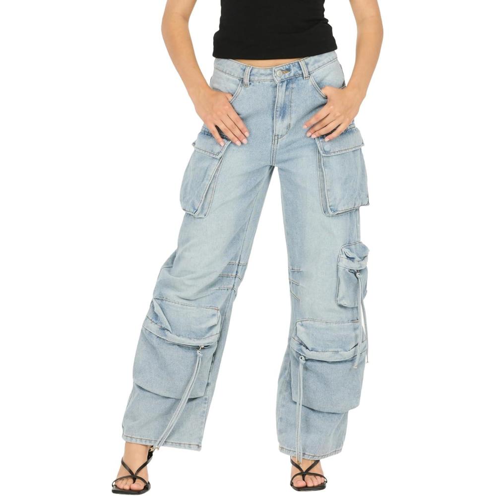 imageForever 21 Womens Cargo JeansWideLeg Denim with Oversized Utility PocketsBlue