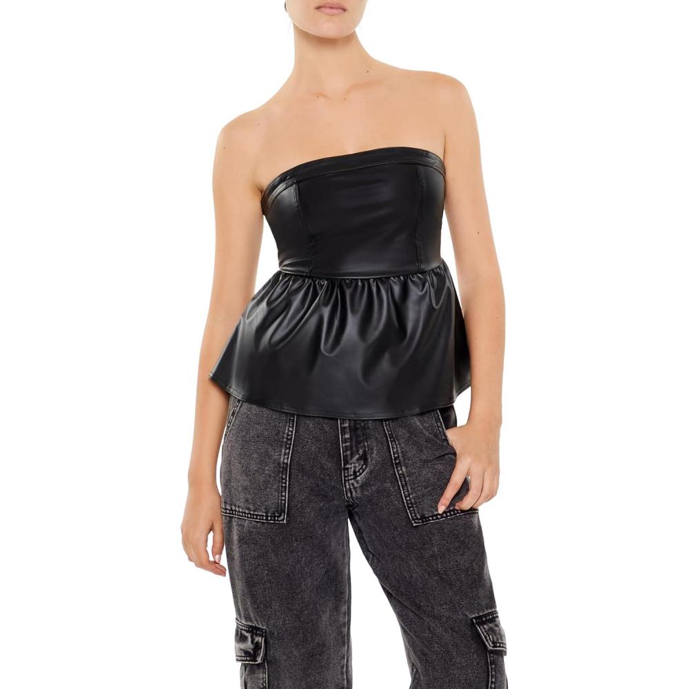 imageForever 21 Womens Faux Leather Peplum Tube TopBlack
