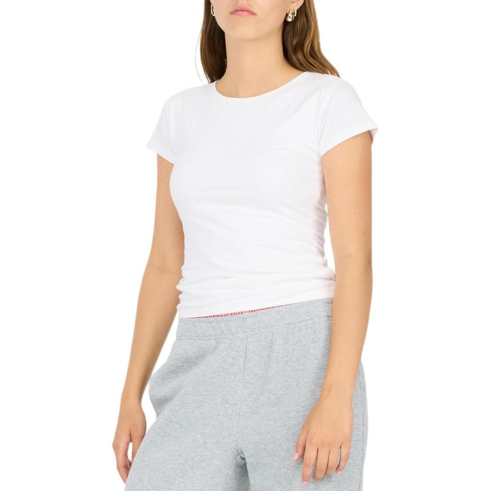 imageForever 21 Womens Hourglass Fitted TShirt  Short Sleeve Crew Neck Tee with DoubleLayer CottonSpandex Blend Soft Stretch Slim Fit Basic Top for Layering Everyday Wear and Loungewear